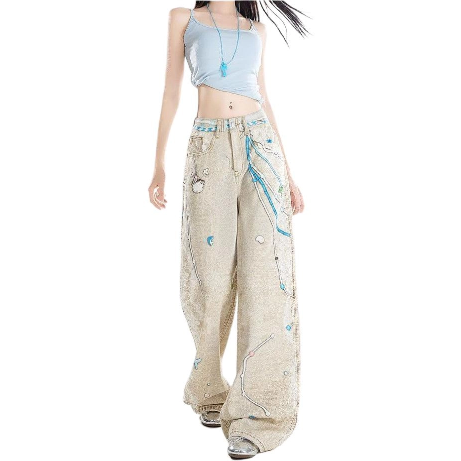 哒头下雨不愁 美式复古女夏季链条蕾丝印花设计感高腰宽松显瘦阔腿裤牛仔裤 女款