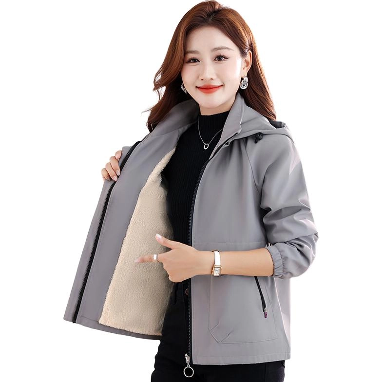 左岸 山系徒步登山服加厚防风恒温保暖防寒耐磨工装上衣简约运动休闲时尚潮流纯色百搭经典开衫插肩袖软壳衣立领连帽夹克绒感外套 女款