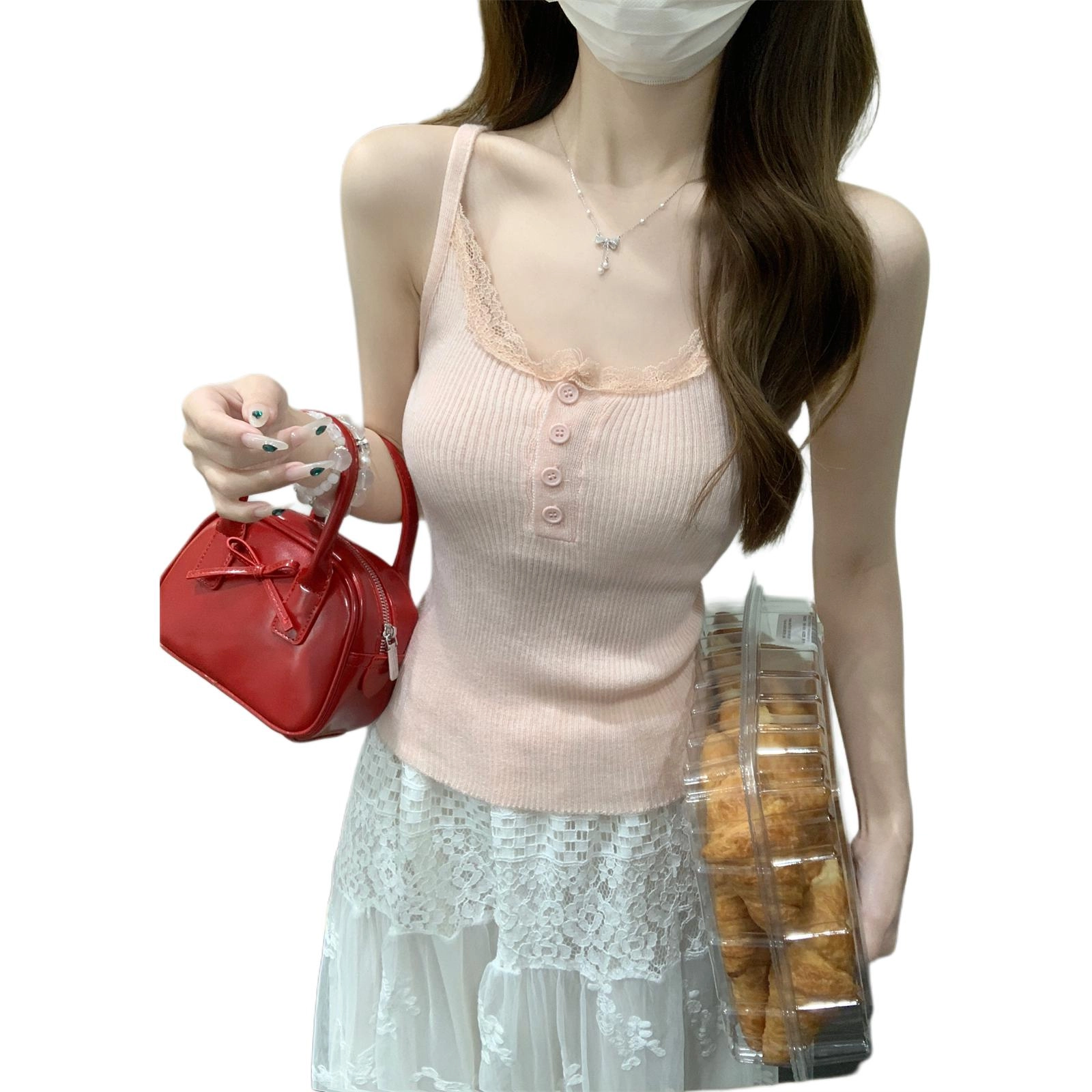 沐晓欣 夏季韩版纯欲蕾丝边纽扣设计感针织吊带上衣背心 女款