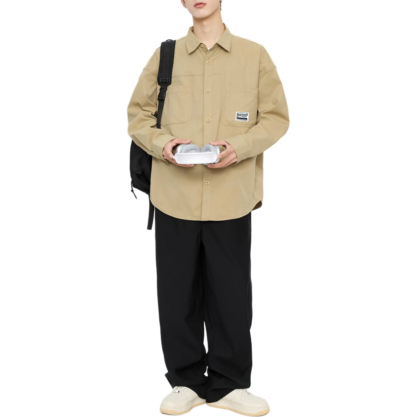 左岸 美式复古潮流百搭春秋休闲宽松上衣舒适透气纯色衬衣潮牌贴片绣花设计感双侧口袋工装风翻领开衫薄款外套衬衫 男女同款