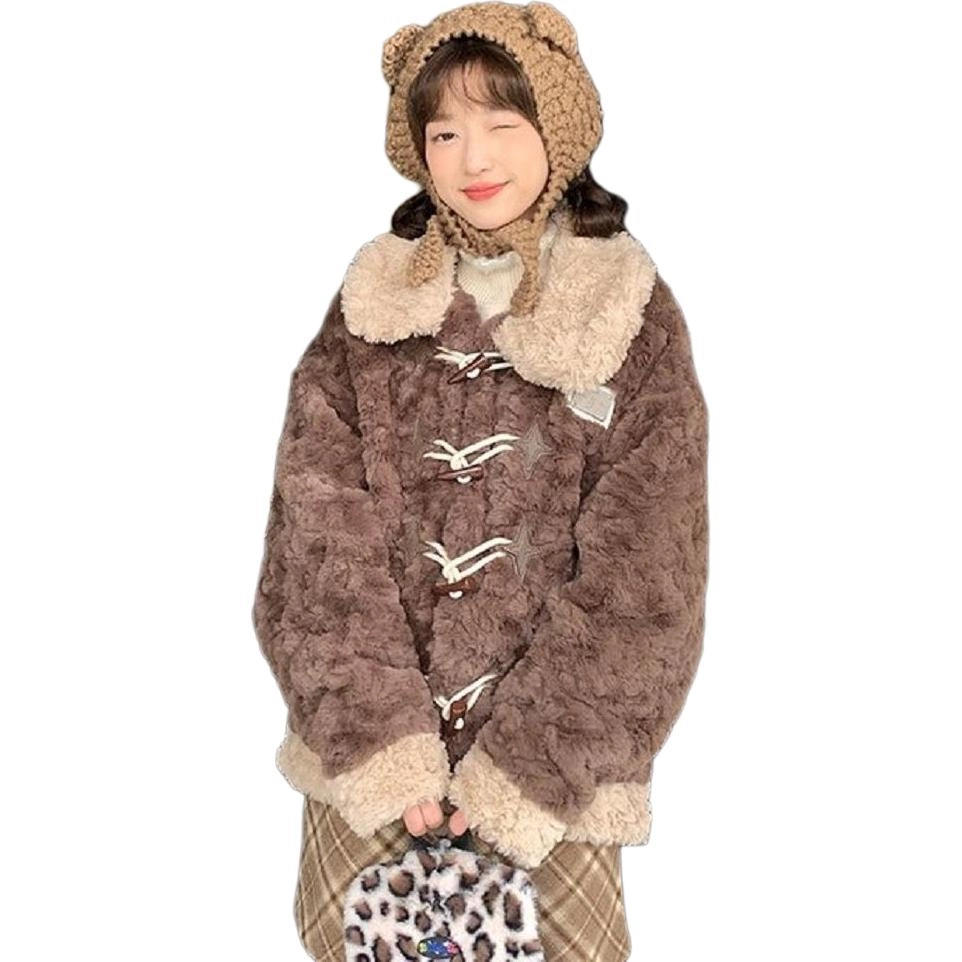 邓大喵 牛角扣羊羔毛外套女冬年轻款宽松加厚保暖毛绒绒环保皮草 女款