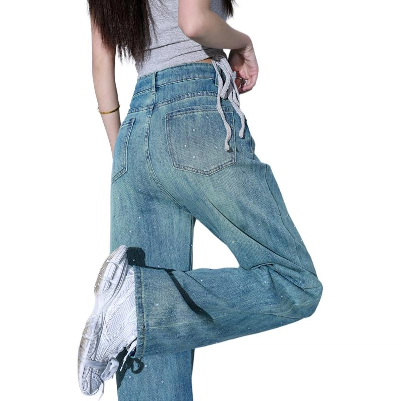 玫丝朵 美式潮流设计时尚百搭宽松阔腿牛仔裤 女款 烫钻孔雀绿