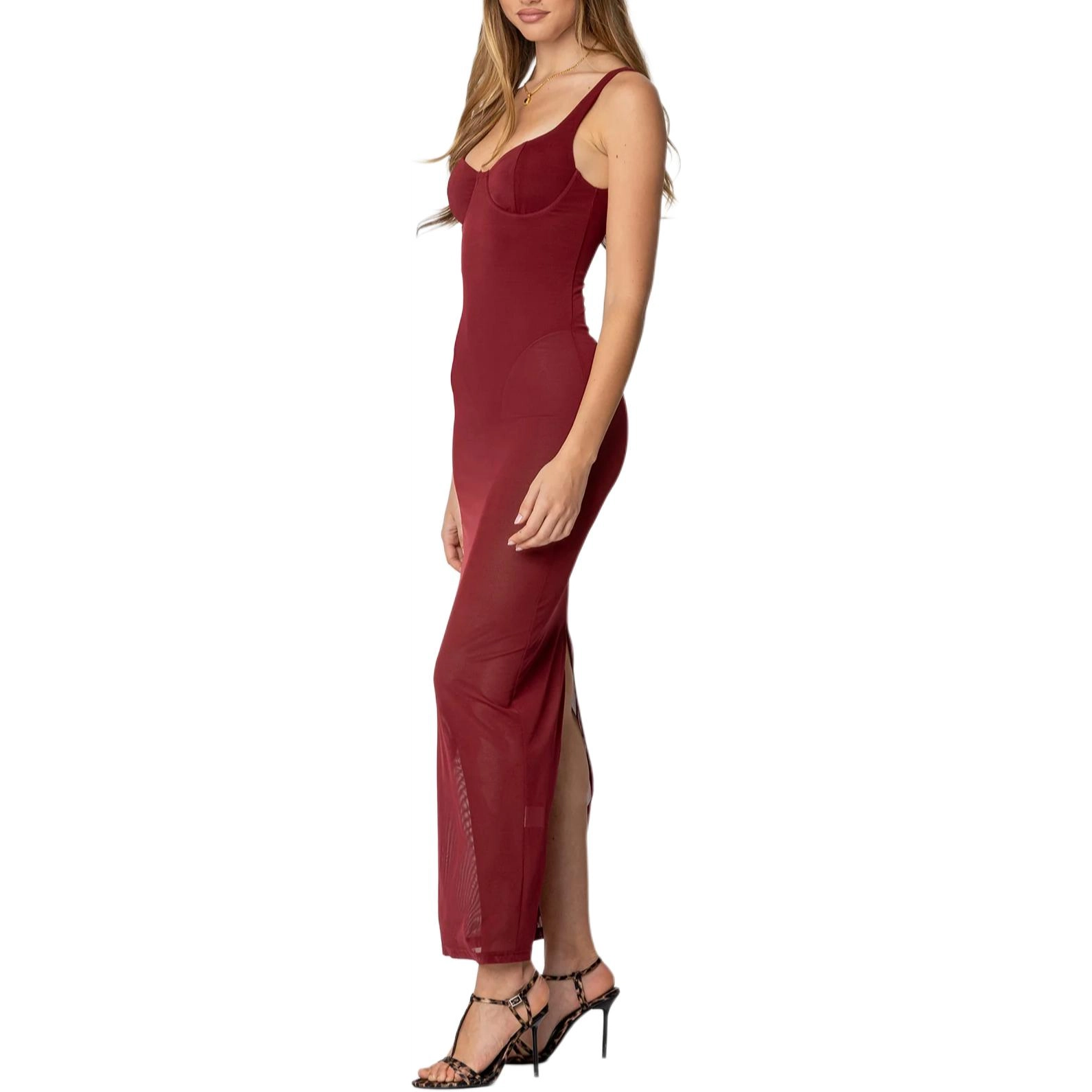 edikted Mesh Built In Bodysuit Maxi Dress V