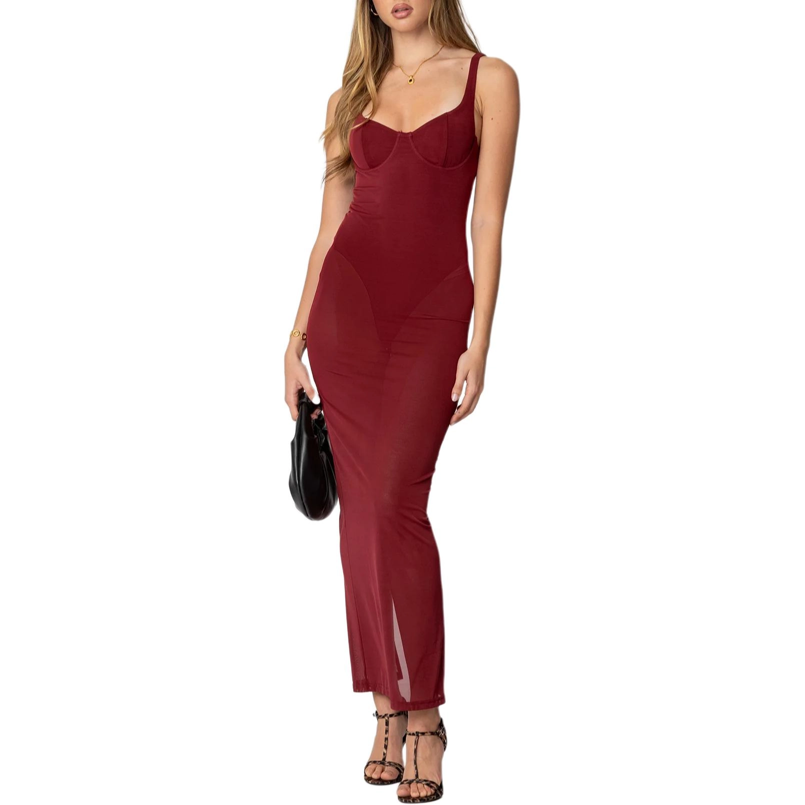 edikted Mesh Built In Bodysuit Maxi Dress V