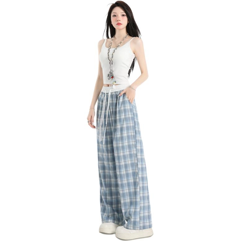 玫丝朵 美式新潮简约纹格设计松紧高腰宽松阔腿休闲裤 女款