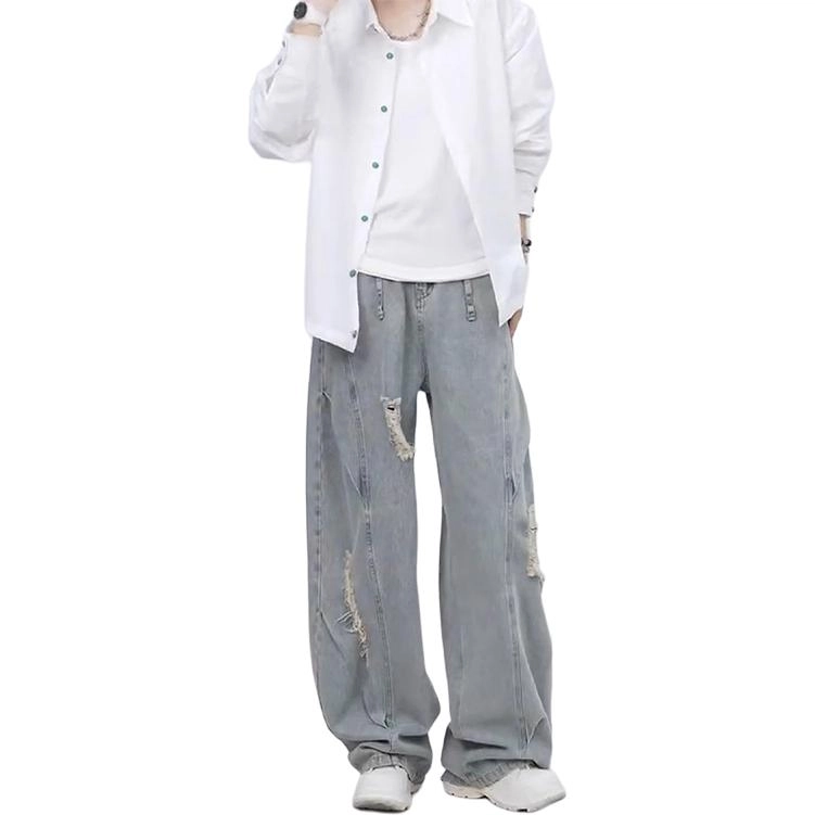 拓菲 美式高街破洞阔腿裤男款工装裤子直筒宽松弯刀牛仔裤 男女同款