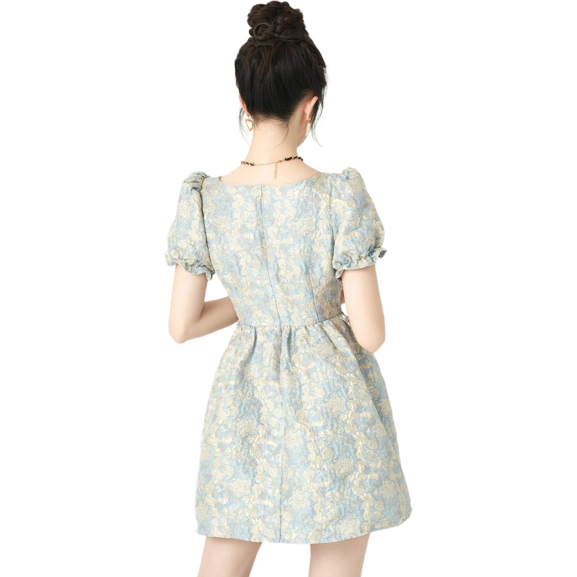 美丽衣橱 高腰套头碎花短袖连衣裙 女款 蓝色