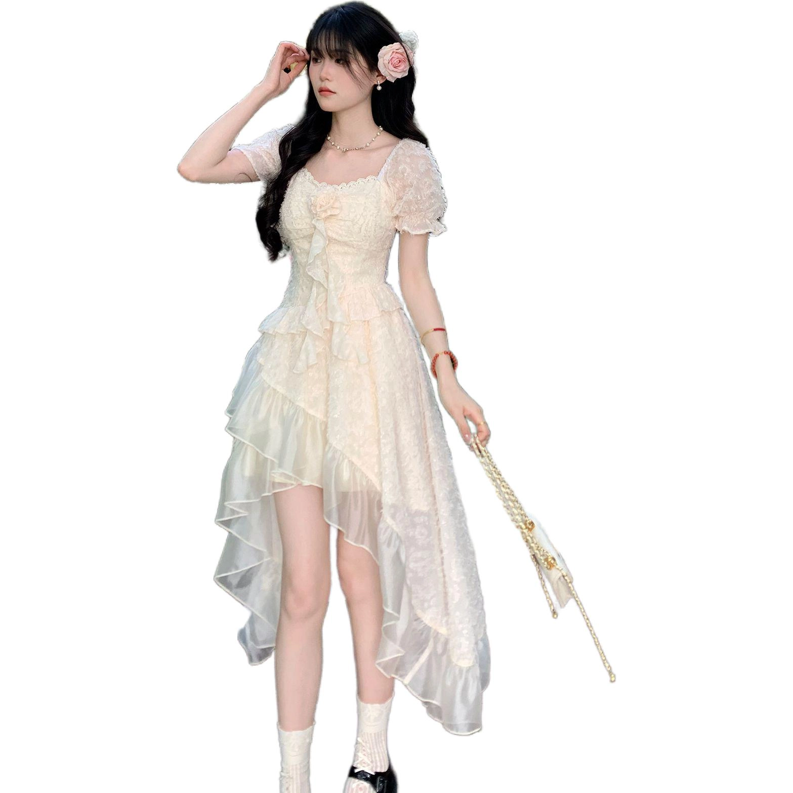 黛尔佳人 气质减龄花朵雪花绒拼接设计感裙摆短袖连衣裙 女款 杏色（带胸花）