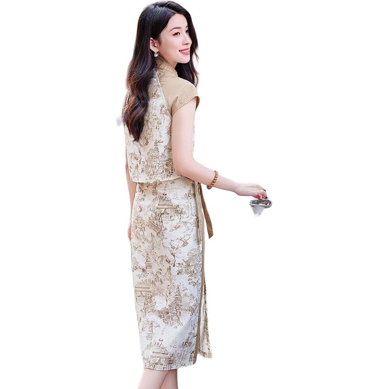 缪斯的诱惑 新中式复古印花衬衫女夏季大方精致套裙两件套短袖裙装套装 女款