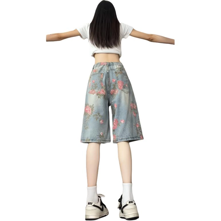 欧迪芬 夏日五分男女宽松直筒复古设计感裤子花卉满印阔腿中裤潮牛仔短裤 女款