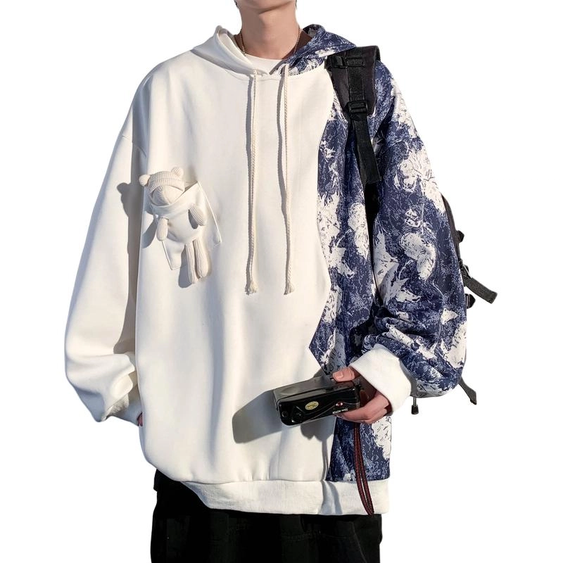 洋气先生 美式复古高街时尚潮流百搭学院风半边拼接印花可爱玩偶日常通勤休闲皆可简约纯色基础款潮牌透气舒适柔软慵懒氛围感卫衣 男女同款