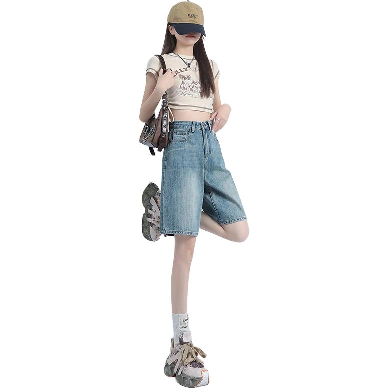玫丝朵 基础纯色百搭款宽松舒适简约五分牛仔短裤 女款