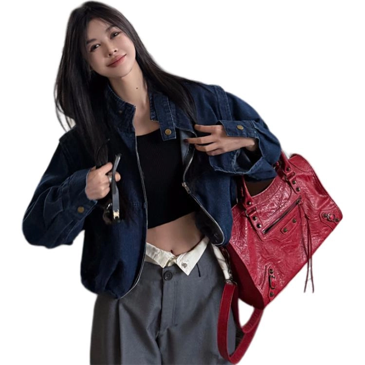 思蓓儿 立领拉链夹克短款长袖百搭韩版牛仔外套 女款 蓝色