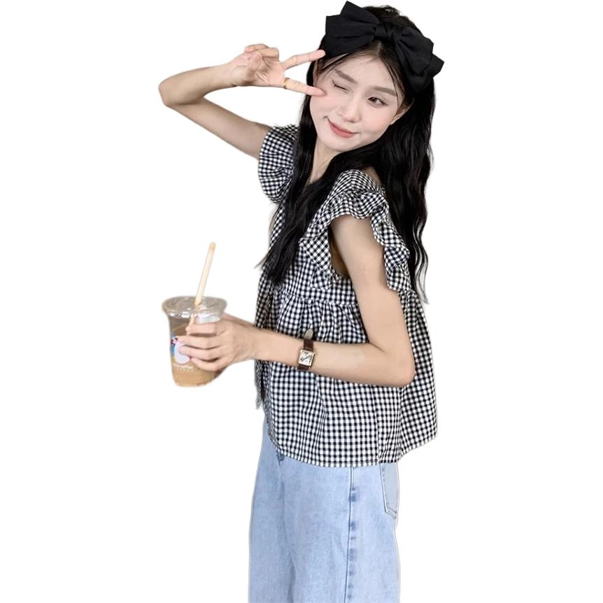 水中花 法式飞飞袖上衣格子衬衣设计感小众宽松小个子短款短袖衬衫 女款