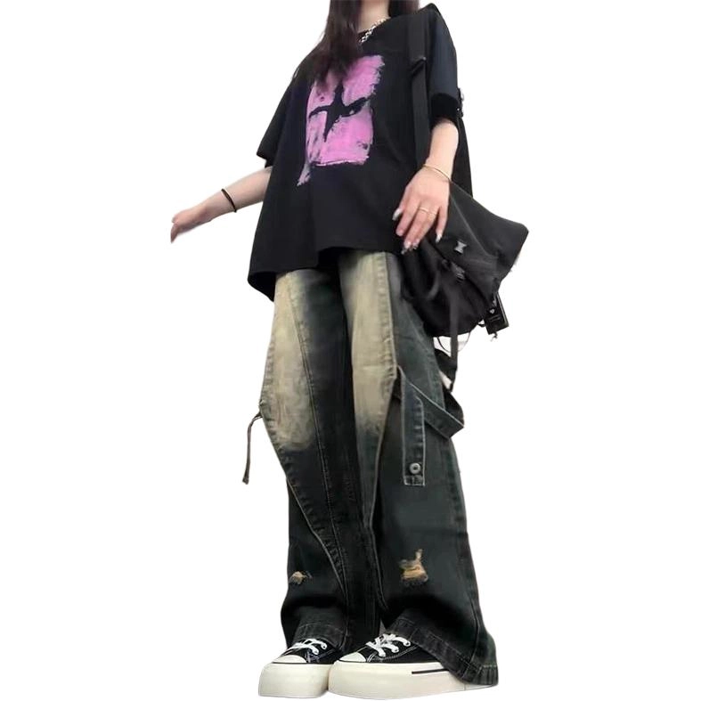 悍戈 美式高街复古解构设计水洗拼接宽松百搭舒适嘻哈潮流阔腿拖地长裤牛仔裤 男女同款