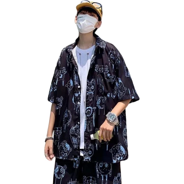 零氏 夏季潮牌大码沙滩海边旅游手绘卡通衬衣百搭碎花宽松短袖短裤衬衫套装 男女同款