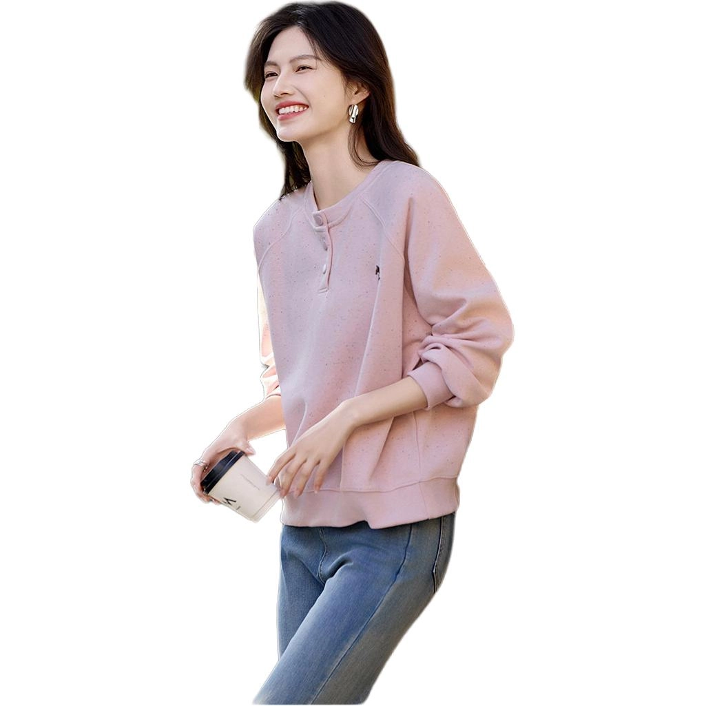 沐晓欣 减龄刺绣长袖上衣简约时尚小个子圆领宽松百搭女卫衣 女款