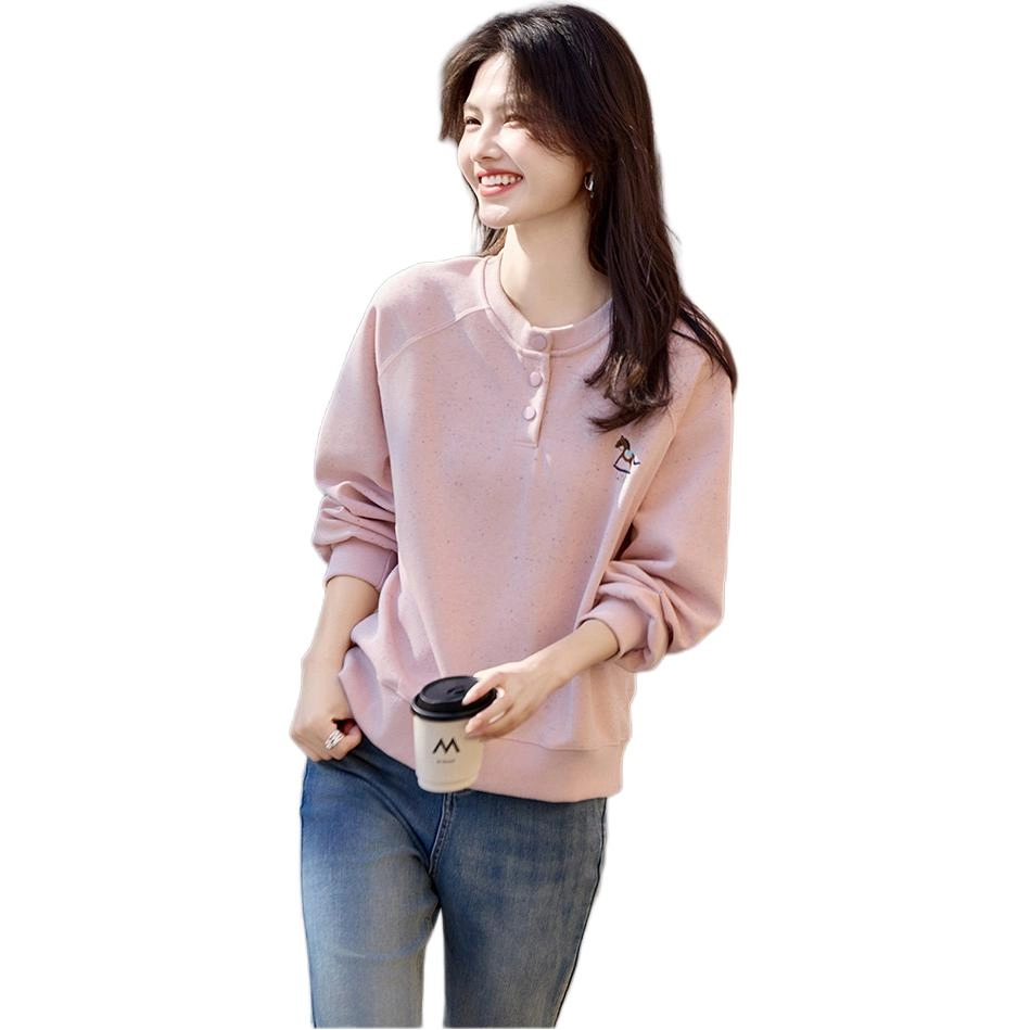 沐晓欣 减龄刺绣长袖上衣简约时尚小个子圆领宽松百搭女卫衣 女款