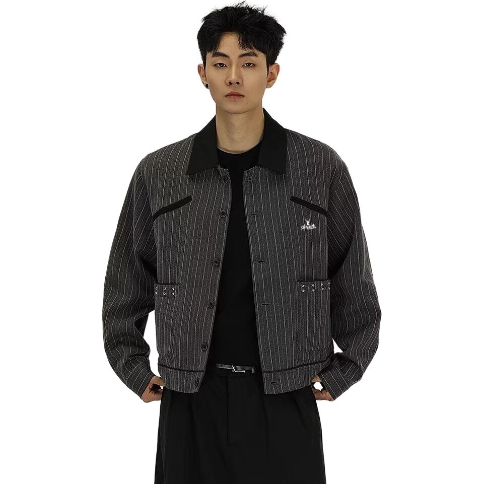 洋气先生 美式复古简约时尚百搭小众高级感潮流痞帅日常通勤运动休闲基础款宽松翻领防风保暖耐磨无性别主义条纹外套夹克 男女同款