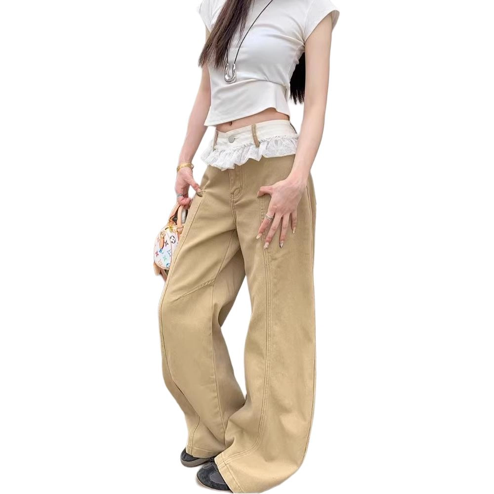 木清清 美式复古蕾丝拼接阔腿裤牛仔裤 男女同款 深卡其布色
