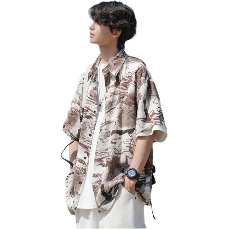 玉儿恋 美式复古潮流夏威夷风与国潮水墨元素融合的舒适百搭短袖衬衫 男女同款