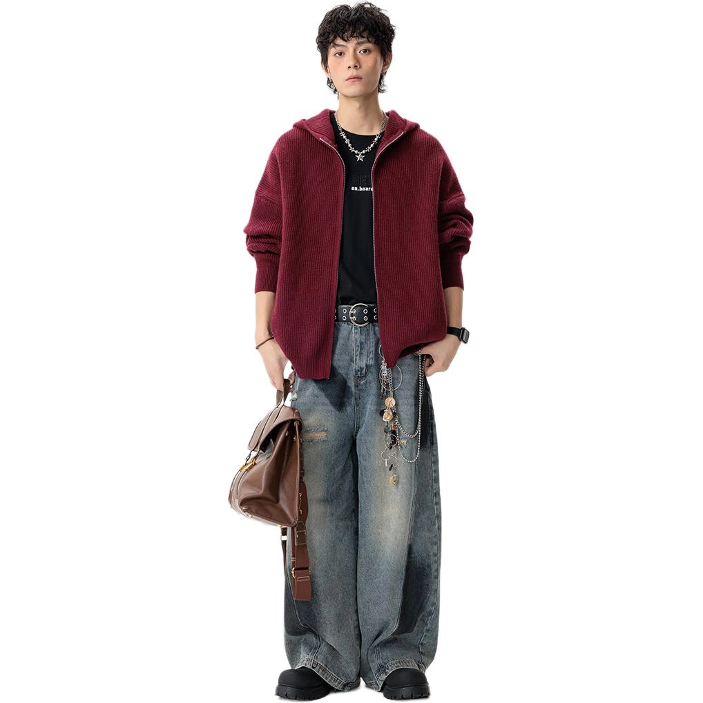 拓菲 街头秋冬美式连帽双拉链宽松休闲慵懒外套简约百搭上衣针织衫 男女同款