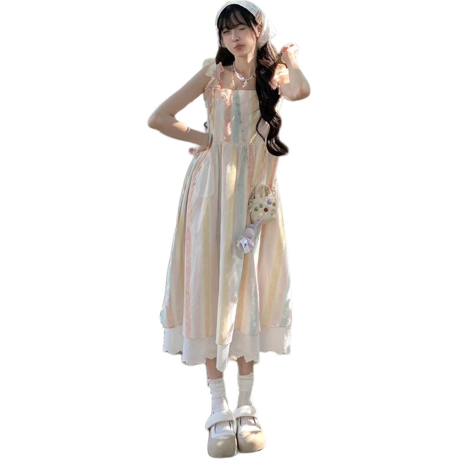 沐晓欣 时尚舒适百搭吊带连衣裙 女款 彩色条纹