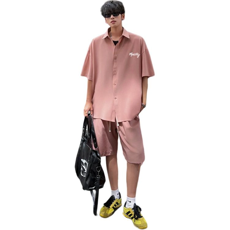 曼城 美式复古宽松舒适透气速干冰丝衬衣短袖薄款五分短裤学院风多巴胺时尚百搭潮流两件套衬衫套装 男女同款