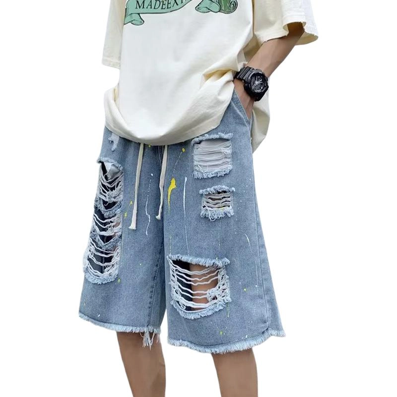 袋鼠 薄款韩版潮流破洞高街修身潮牌裤子小众时尚设计感五分裤休闲短裤 男女同款