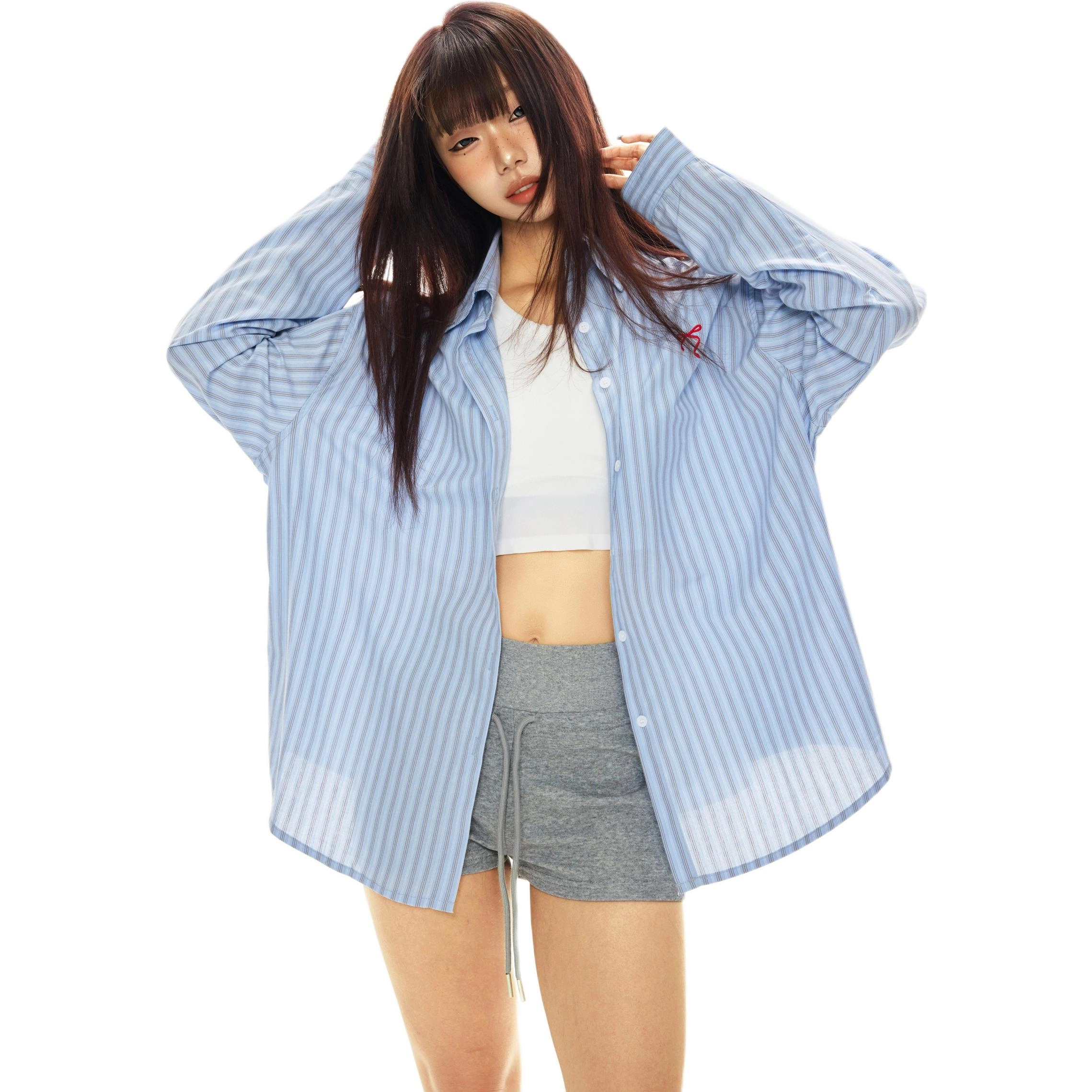 玫丝朵 条纹百搭简约长袖衬衫 女款 蓝色