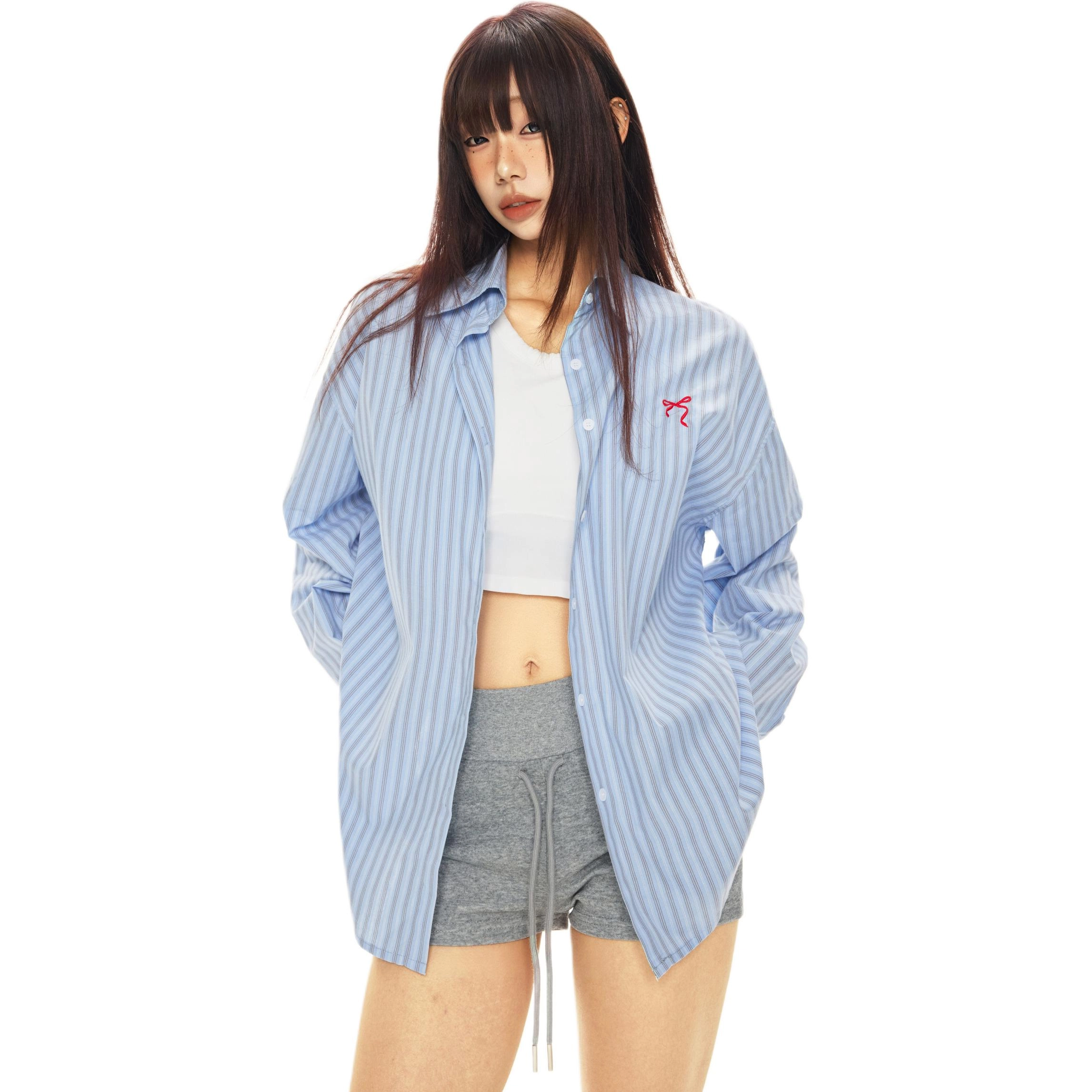 玫丝朵 条纹百搭简约长袖衬衫 女款 蓝色