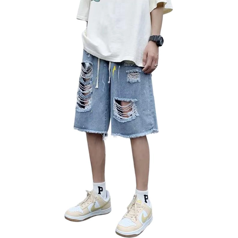 袋鼠 薄款韩版潮流破洞高街修身潮牌裤子小众时尚设计感五分裤休闲短裤 男女同款