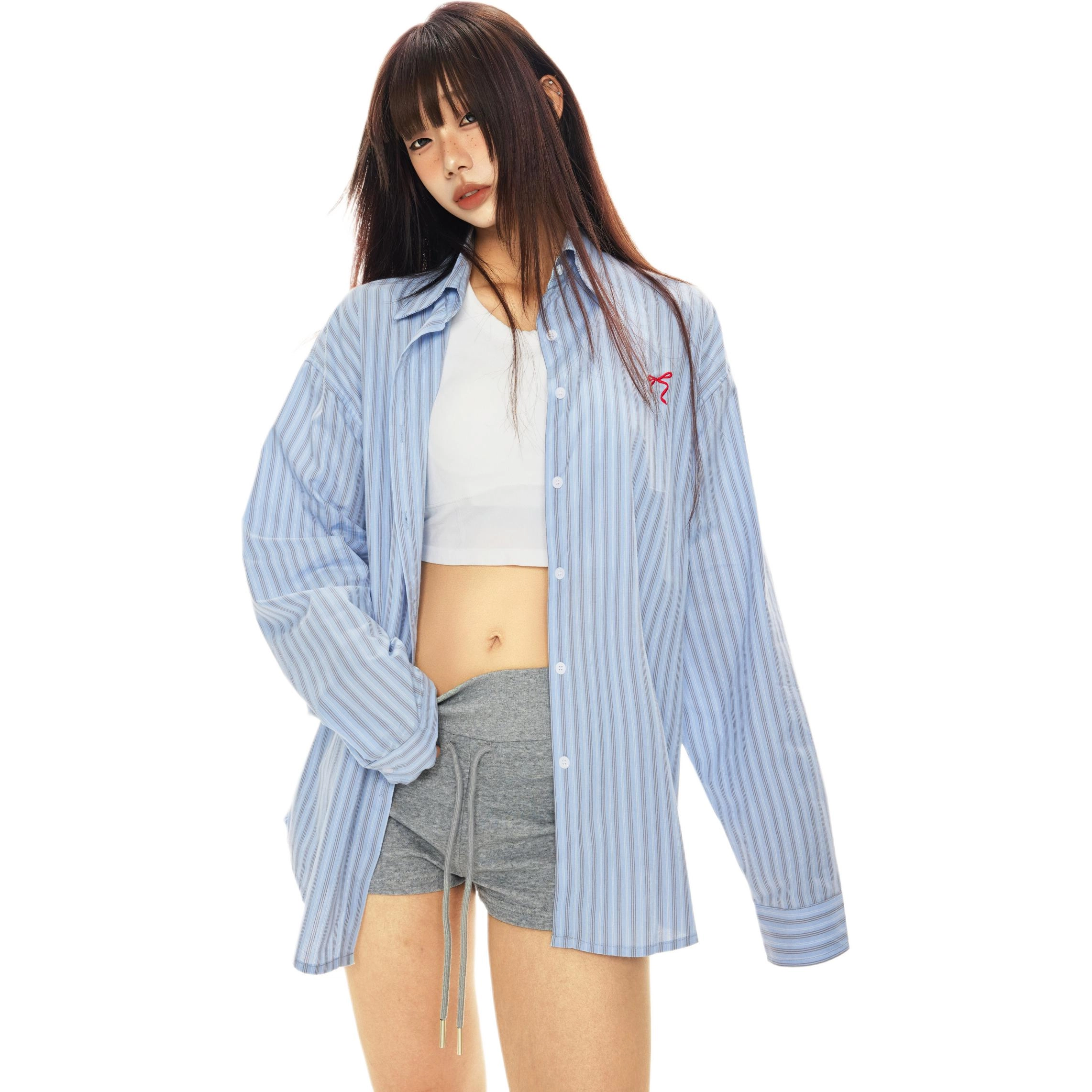 玫丝朵 条纹百搭简约长袖衬衫 女款 蓝色