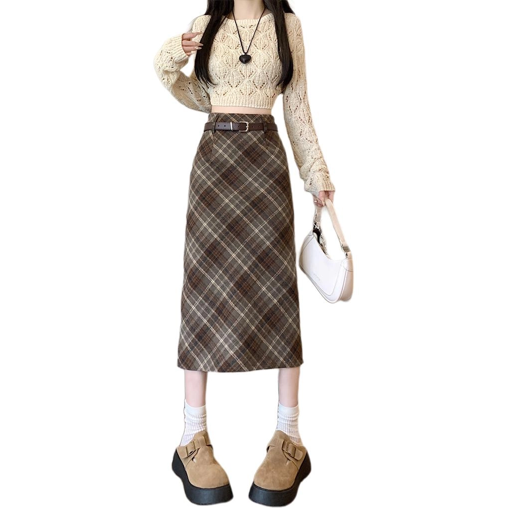 思蓓儿 高腰格子半身裙复古包臀裙子休闲长裙 女款