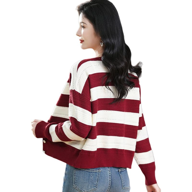恒源祥 时尚百搭洋气条纹圆领长袖开衫针织衫 女款