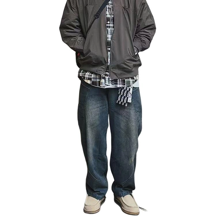 宫奴 日系复古潮牌设计感水洗做旧宽松休闲直筒牛仔裤 男女同款