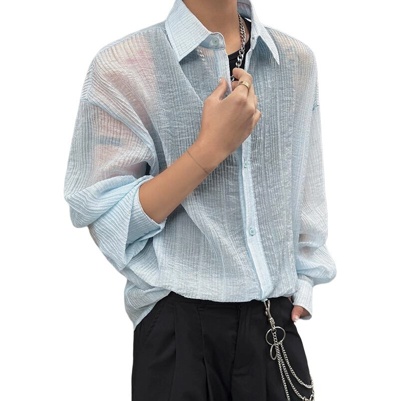 零氏 水墨印花薄款透气纯棉衬衣新中式翻领设计休闲衣服夏威夷风海边度假沙滩帅气翻领扎染上衣长袖衬衫 男女同款