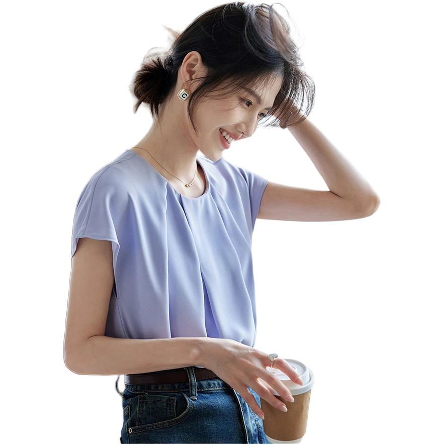 沐晓欣 韩版百搭圆领短袖通勤上衣时髦衬衫 女款 蓝色