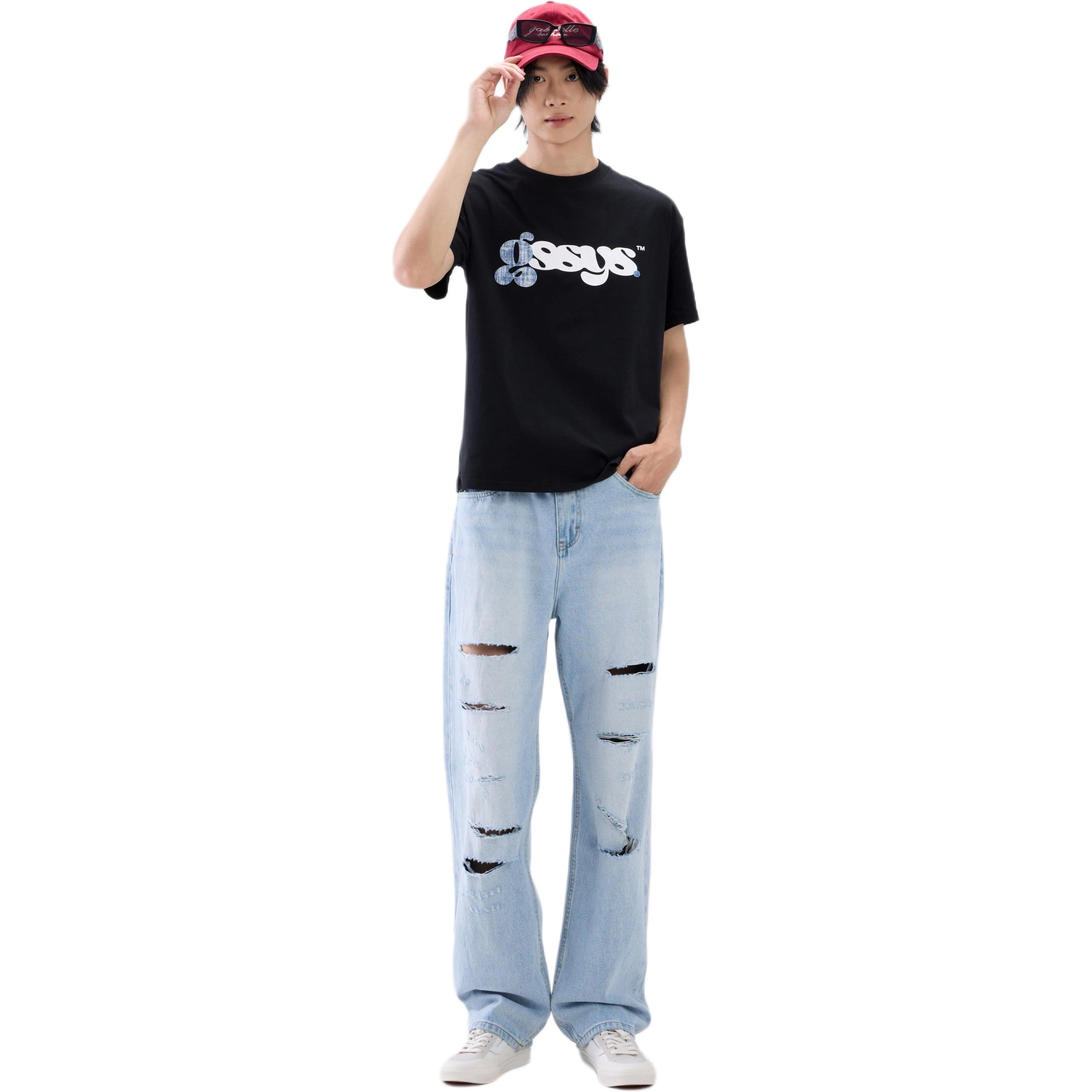 怪兽实验室 美式潮流赛珞纺全棉阔腿微锥版型破洞设计牛仔裤 男女同款