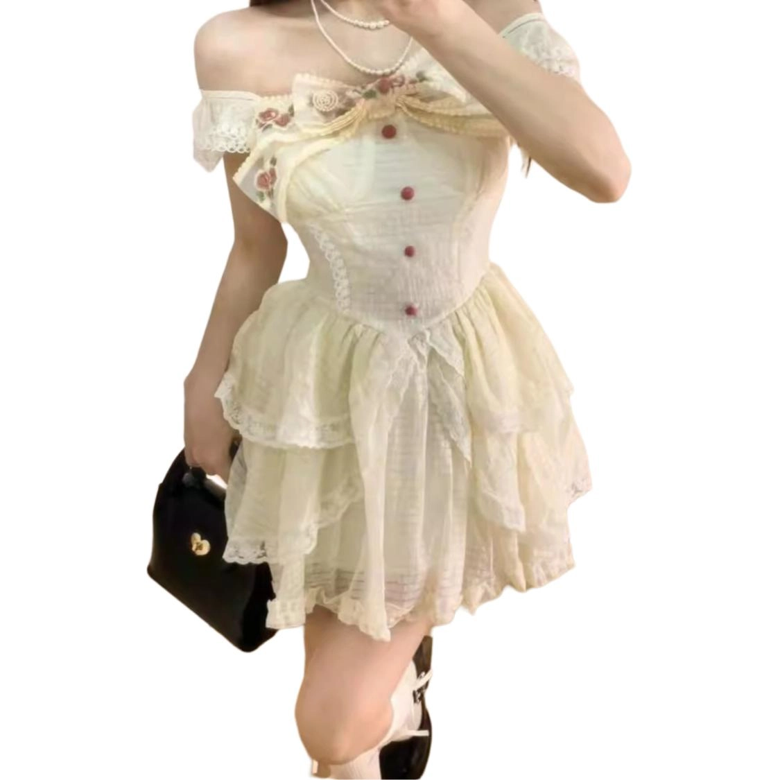 黛尔佳人 纯欲少女风收腰显瘦减龄蕾丝拼接公主吊带连衣裙 女款 杏色
