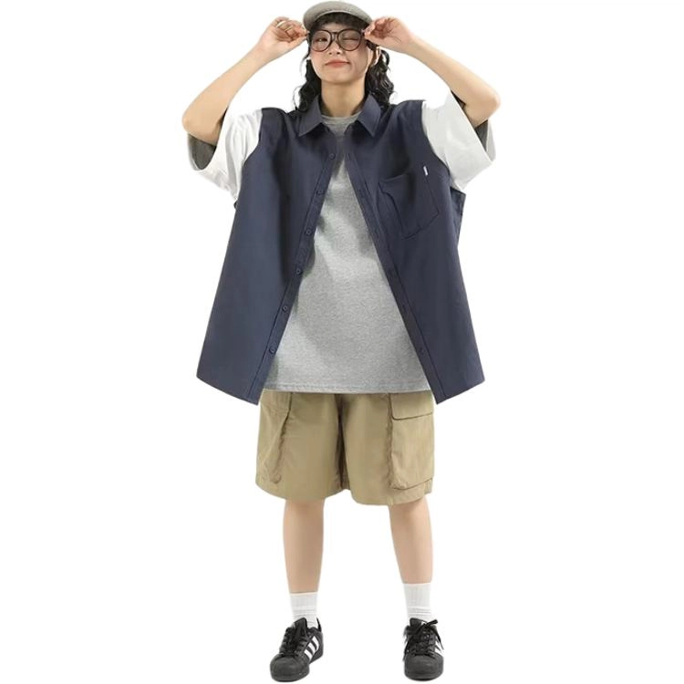 极限涡轮 日系户外撞色拼接工装痞帅宽松假两件短袖衬衫 男女同款