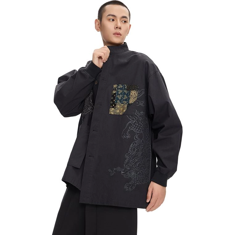 鬼洗 绣花男式蓝色动物常规长袖衬衫 男款
