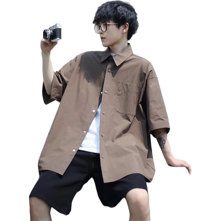 沐诚阳译 夏季日系复古短袖男生宽松百搭情侣休闲外穿半袖衬衣衬衫 男款