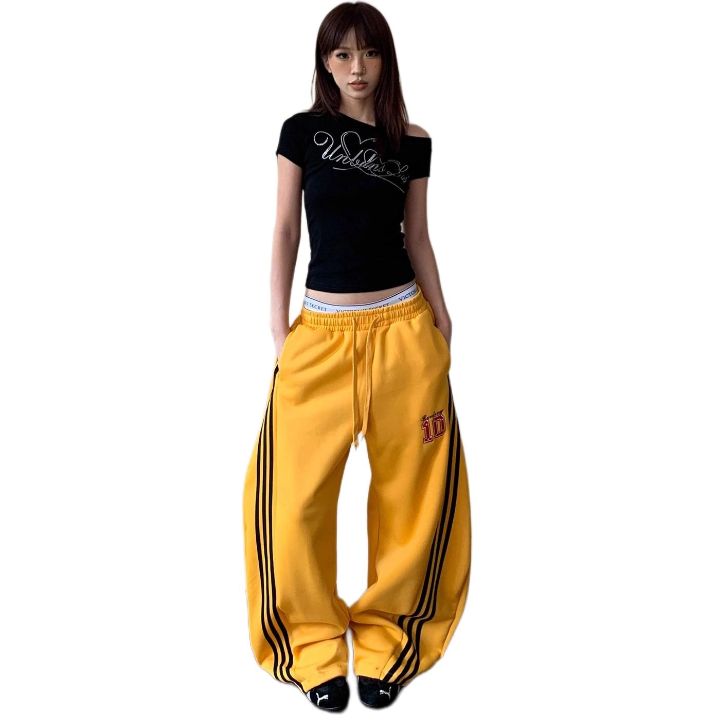 洋气先生 美式高街复古简约纯色侧边条纹拼接小众设计感时尚潮流帅气百搭宽松阔腿垂感松紧中腰系带直筒显高显瘦氛围感休闲裤 男女同款