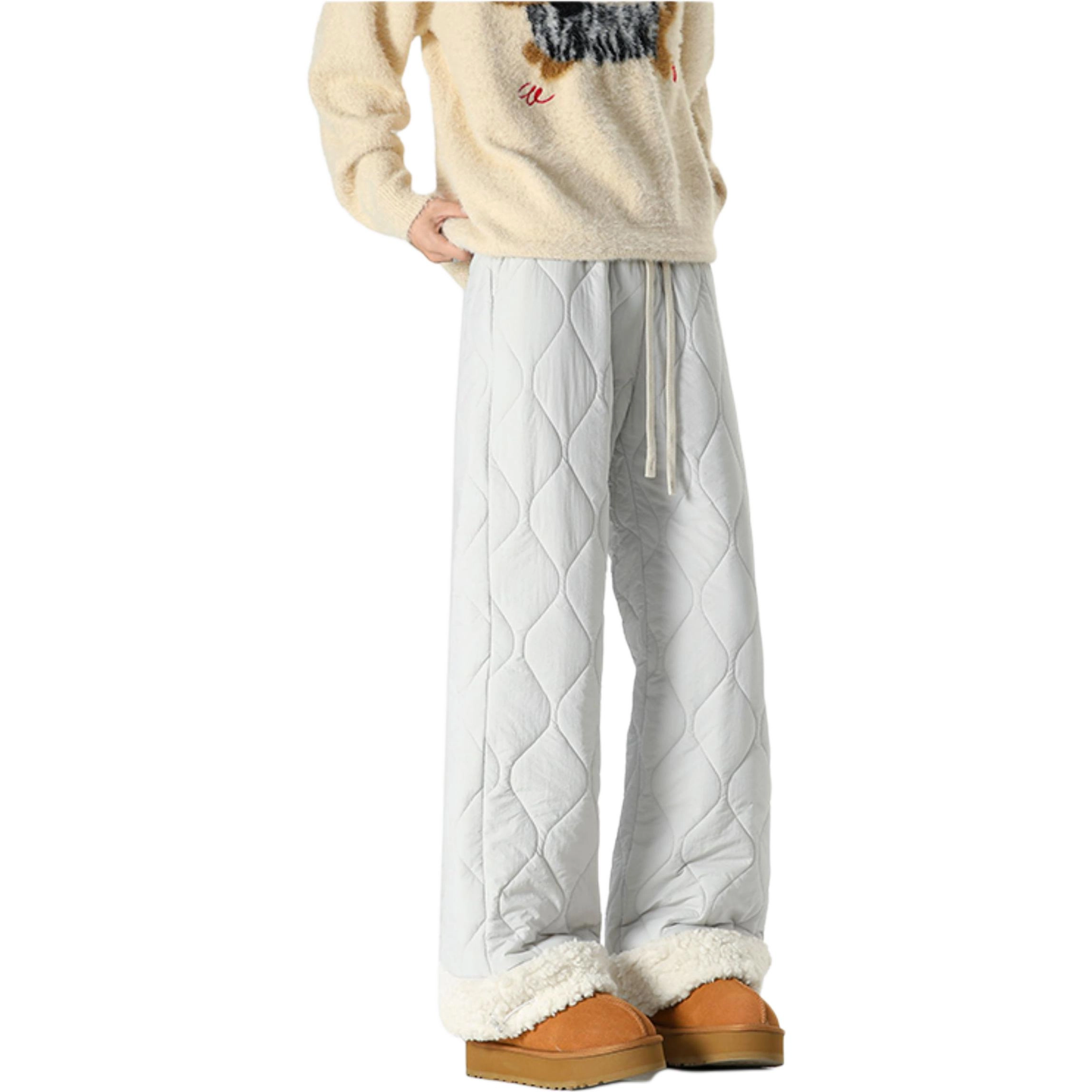 日系拼接羊羔毛羽绒女外穿休闲宽松直筒夹棉加厚保暖阔腿裤过冬防寒裤  棉裤