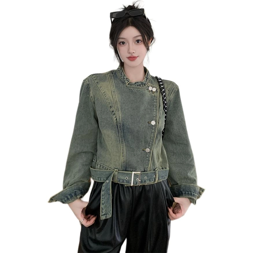 思蓓儿 美式复古做旧设计感立领宽松短款女牛仔外套 女款 图片色