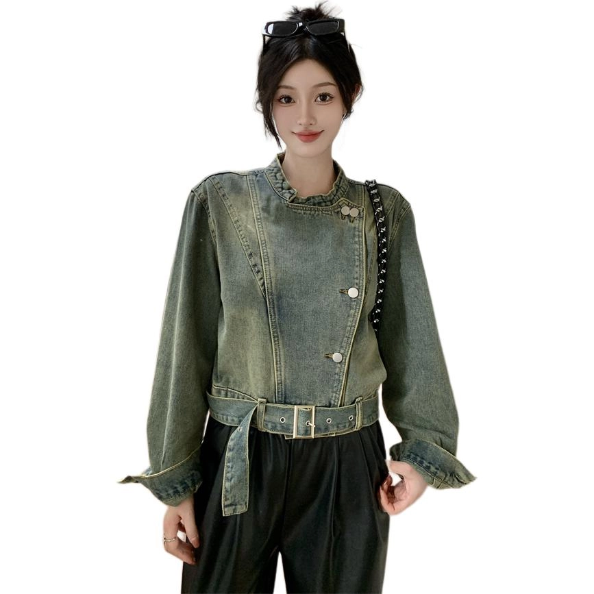 思蓓儿 美式复古做旧设计感立领宽松短款女牛仔外套 女款 图片色