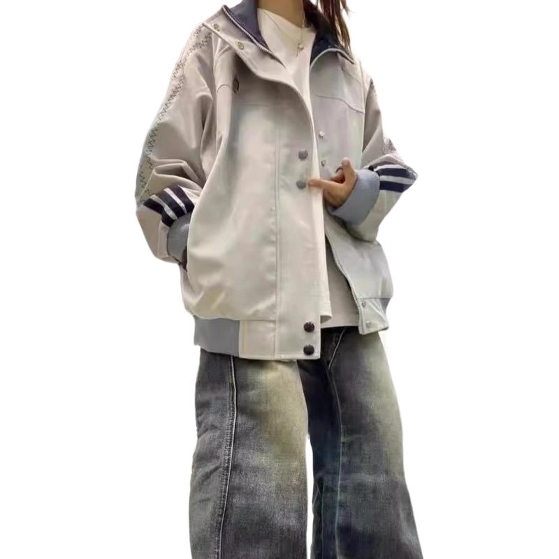轻迎  美式韩系复古条纹休闲宽松学生夹克外套潮棒球服 男女同款
