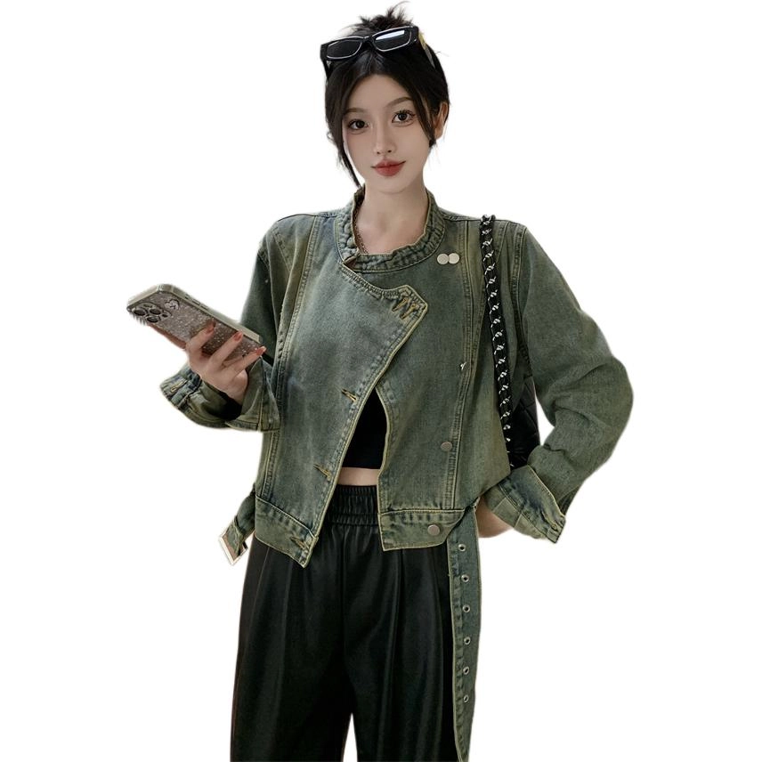 思蓓儿 美式复古做旧设计感立领宽松短款女牛仔外套 女款 图片色