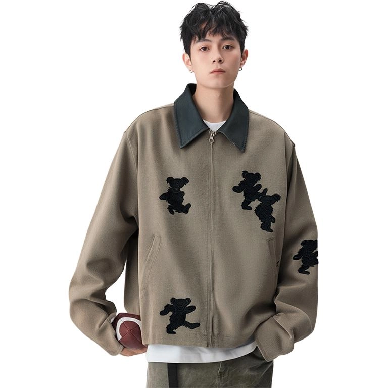 永言 美式复古牛仔刺绣小熊棉服潮牌宽松休闲流行帅气百搭翻领夹克外套 男女同款